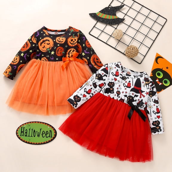 ibiyuan Halloween Toddler Girl Dress Ruffle Sleeveless Baby Halloween Outfit Pumpkin Graphic Cute Clothes Contrast Lace Tutu Halloweens Gifts