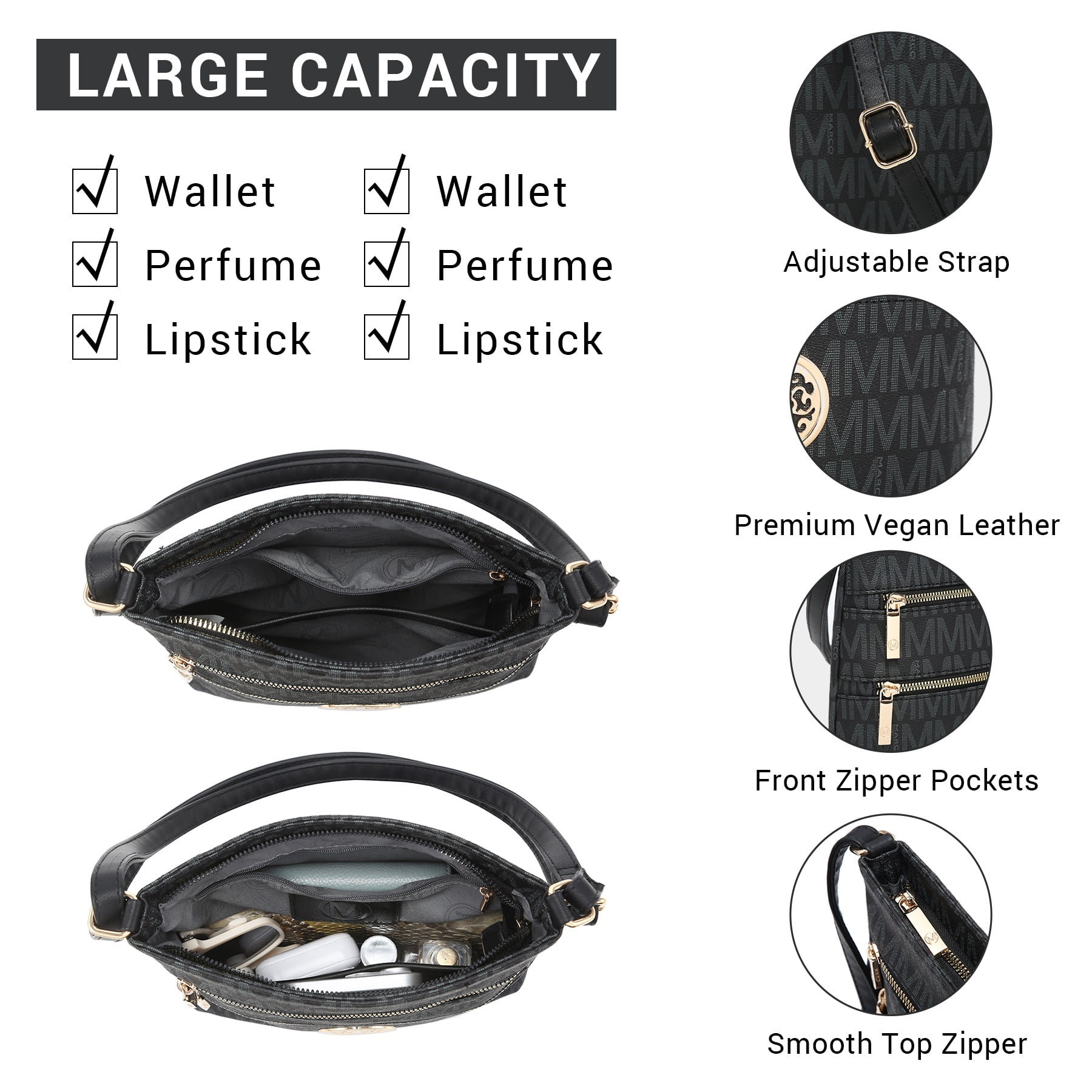 VANSARTO Crossbody Bags for Women Multi Pocket Crossbody Purses Trendy Vegan Leather Shoulder Handbags with Adjustable Strap (Black)