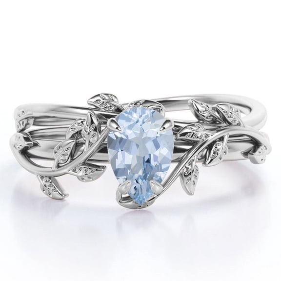 JeenMata Prong Setting 1 Carat Teardrop Created Aquamarine Leaf Pattern Bridal Ring Set in 18K White Gold Plating over Silver