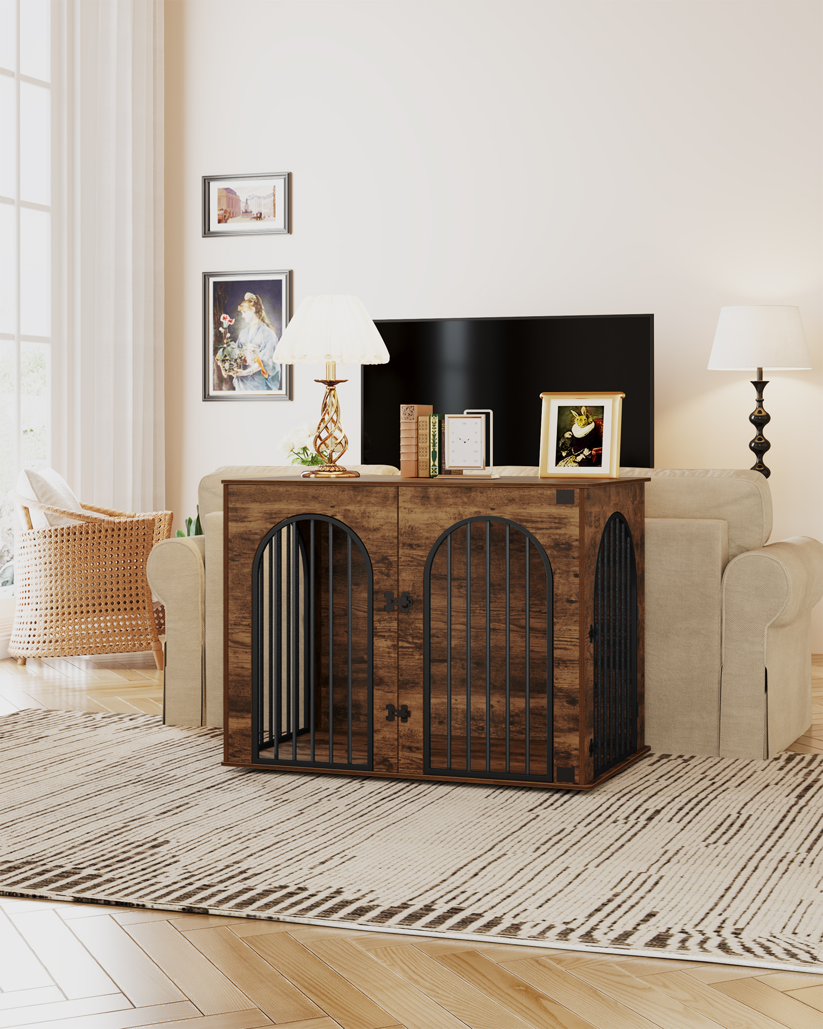 44.1" Dog Crate Furniture, 3 Door Wooden Dog Crate Furniture for Small/Medium/Large Dog,Rustic Brown