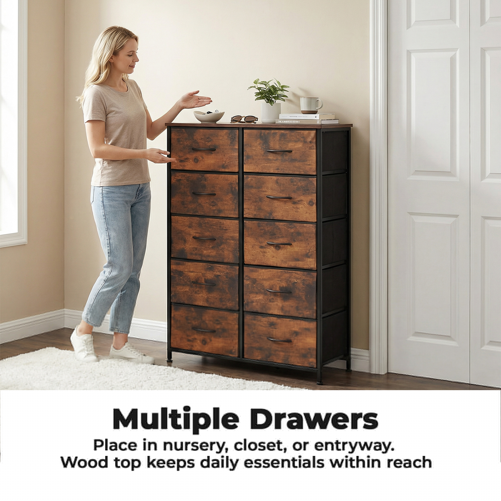 Alvantor Tall Dresser Fabric Storage Tower ,Wooden Top for Kid Room, Closet, Entryway, Nursery