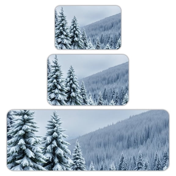 RKSupls Kitchen Rug Set 3 Piece Anti-Slip Flannel Floor Mats, Snowy Pine Forest Washable Absorbent Runner Mats for Kitchen Bathroom Home Decor