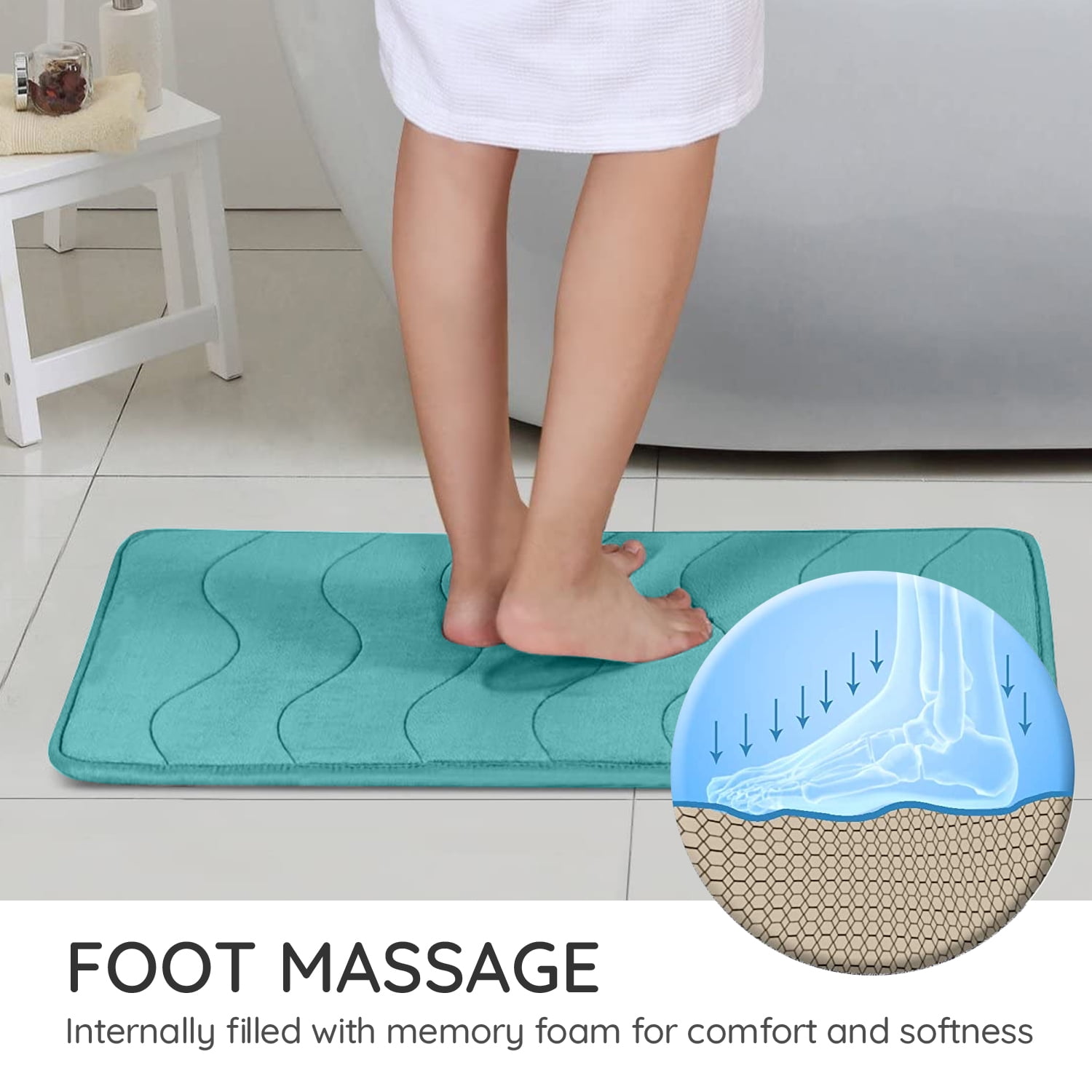 Astarin Absorbent Shower Waved Green Memory Foam Bath Rug, 24" x 36", Non-Slip Backing