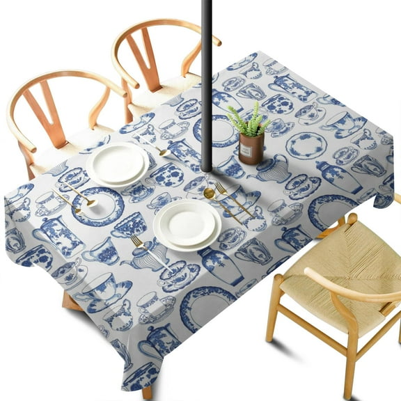 Outdoor Blue and White Porcelain Tablecloth with Umbrella Hole and Zipper,Rectangle Waterproof Wrinkle Free Table Cloth Decorative Fabric Washable Table Cover for Patio, Party, Picnic 60 X 102 Inch