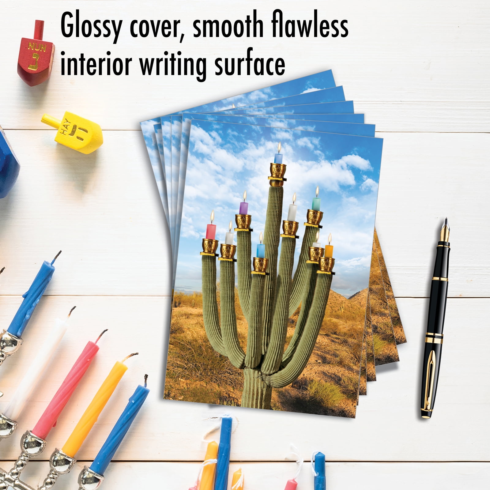 NobleWorks 12 Funny Chanukah Cards w/ 5x7 Envelopes, 1x12 Designs, For Men, Women, Jewish Holiday Cards - Prickly Menorah C3441HKG-B12x1