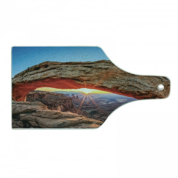 USA Cutting Board, Famous Sunrise at Mesa Arch in Canyonlands National Park, Utah, USA, Decorative Tempered Glass Cutting and Serving Board, Wine Bottle Shape, Pale Brown Sky Blue, by Ambesonne
