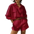thumbnail image 2 of Jaimenalin Womens Solid Color 2 Piece Outfits Long Sleeve Lapel Button Loose Fit Top Mini Shorts Summer Set Red XL, 2 of 5