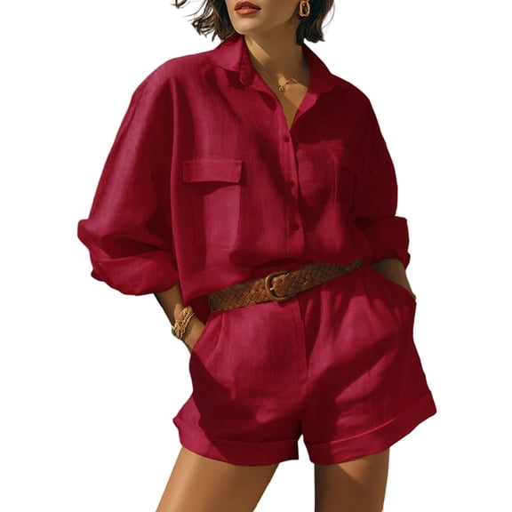 Womens Solid Color 2 Piece Outfits Long Sleeve Lapel Button Loose Fit Top Mini Shorts Summer Set Red S