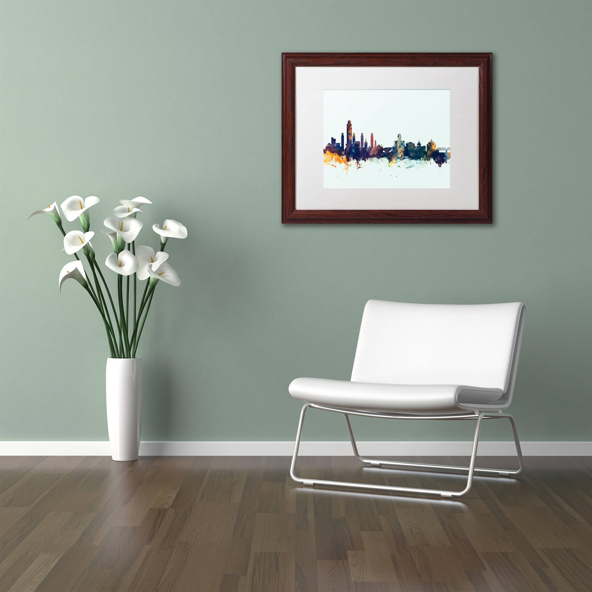Trademark Fine Art "Albany New York Skyline Blue" Canvas Art by Michael Tompsett, White Matte, Wood Frame