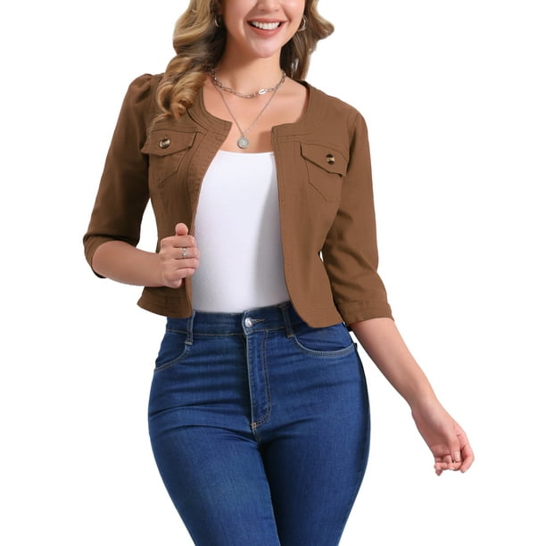 Chaquetas de mezclilla para mujeres INSPIRE CHIC para el Día de la Madre, sin cuello, de manga 3/4, chaquetas de cárdigan de mezclilla, marrón, 2XL