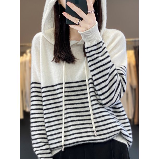 Women's Hoodies 100% Merino Wool Sweater Striped Long Sleeve Casual Loose Pullover Cashmere Knitwears Korean Fashion New Knit