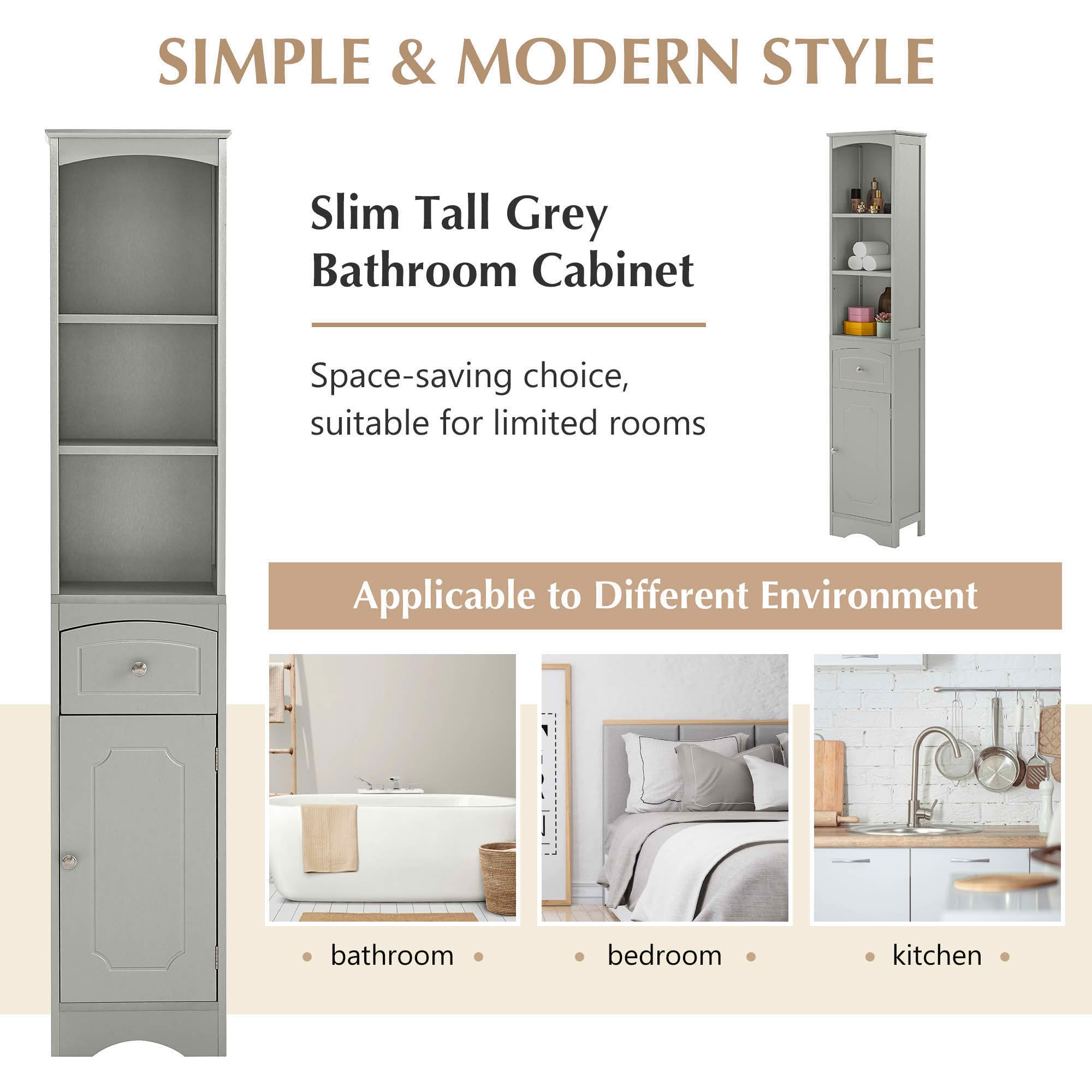 MAYEERTY Tall Bathroom Cabinet Freestanding Storage Drawer MDF Adjustable Shelf Gray