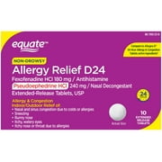 Equate 24 Hour Non-Drowsy Allergy Relief Fexofenadine HCl, Pseudoephedrine HCl 180mg/240mg ER Tablets, 10ct, Compare to Allegra D® 24 Hour Allergy & Congestion Tablets Active Ingredients