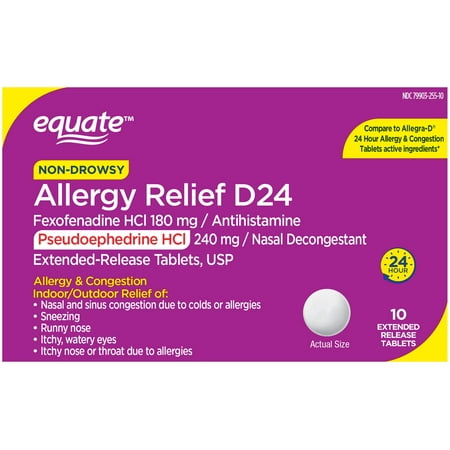 Equate 24 Hour Non-Drowsy Allergy Relief Fexofenadine HCl, Pseudoephedrine HCl 180mg/240mg ER Tablets, 10ct, Compare to Allegra D® 24 Hour Allergy & Congestion Tablets Active Ingredients