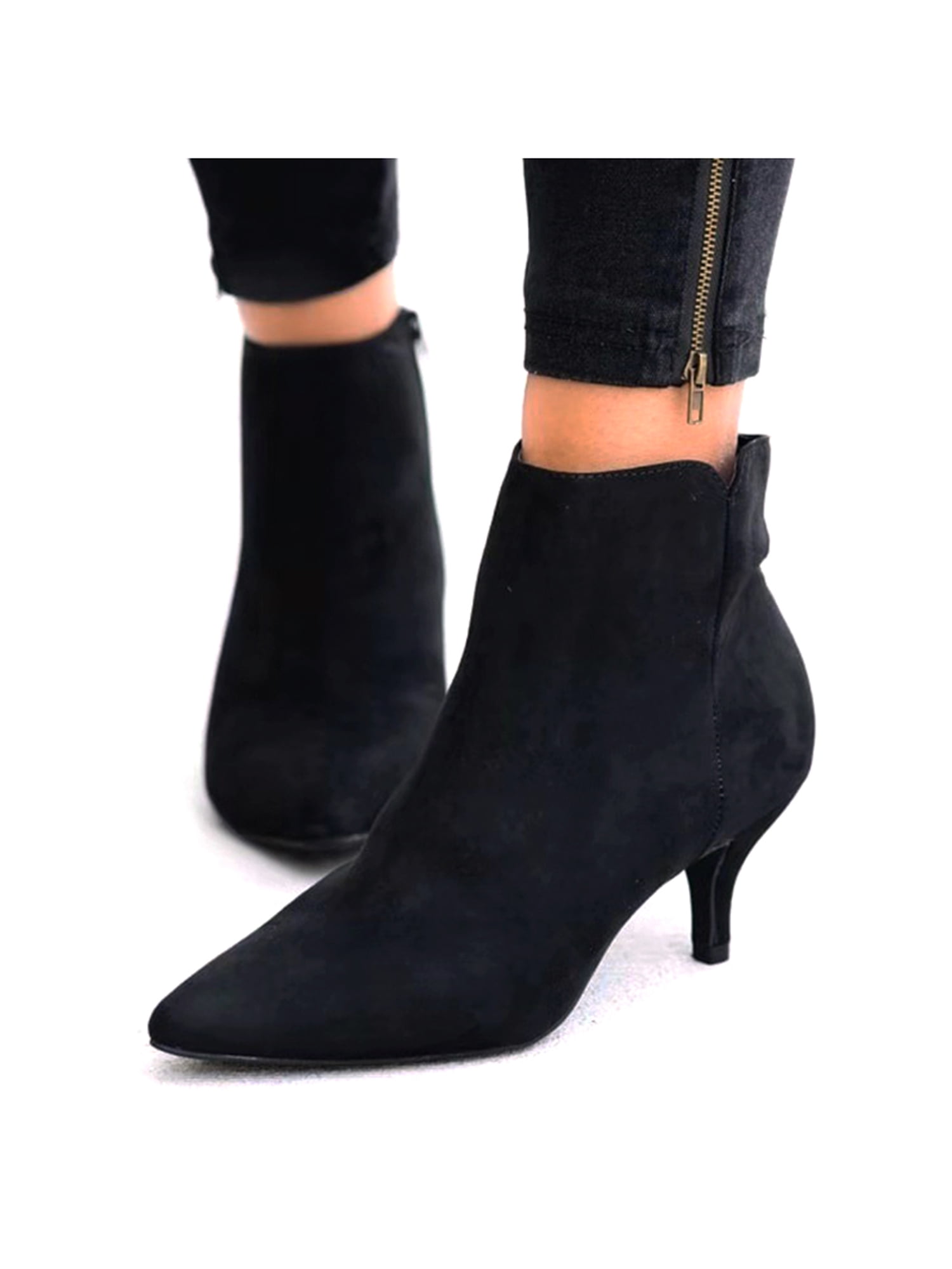 Women Ankle Boots Chelsea Low Heels Pointed Toe Zipper Booties Faux Leather Size