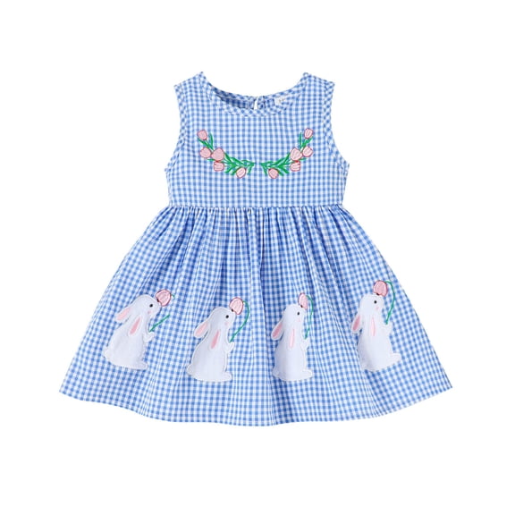 JAJAHO Toddler Girls Sleeveless Easter Dresses Bunny Embroidery Plaid Mini Dress Holiday Festival 3-24 Months Baby Girl Clothes Trendy Dresses