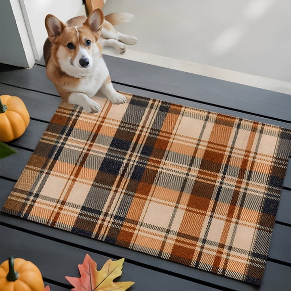 Orange Blue Checkered Bathroom Mat 2x3 FT, Non Slip Small Kitchen Mat, Fall Farmhouse Buffalo Plaid Washable Soft Backed Front Door Throw Rug Non-Shedding Indoor Outdoor Doormat for Entryway Sink