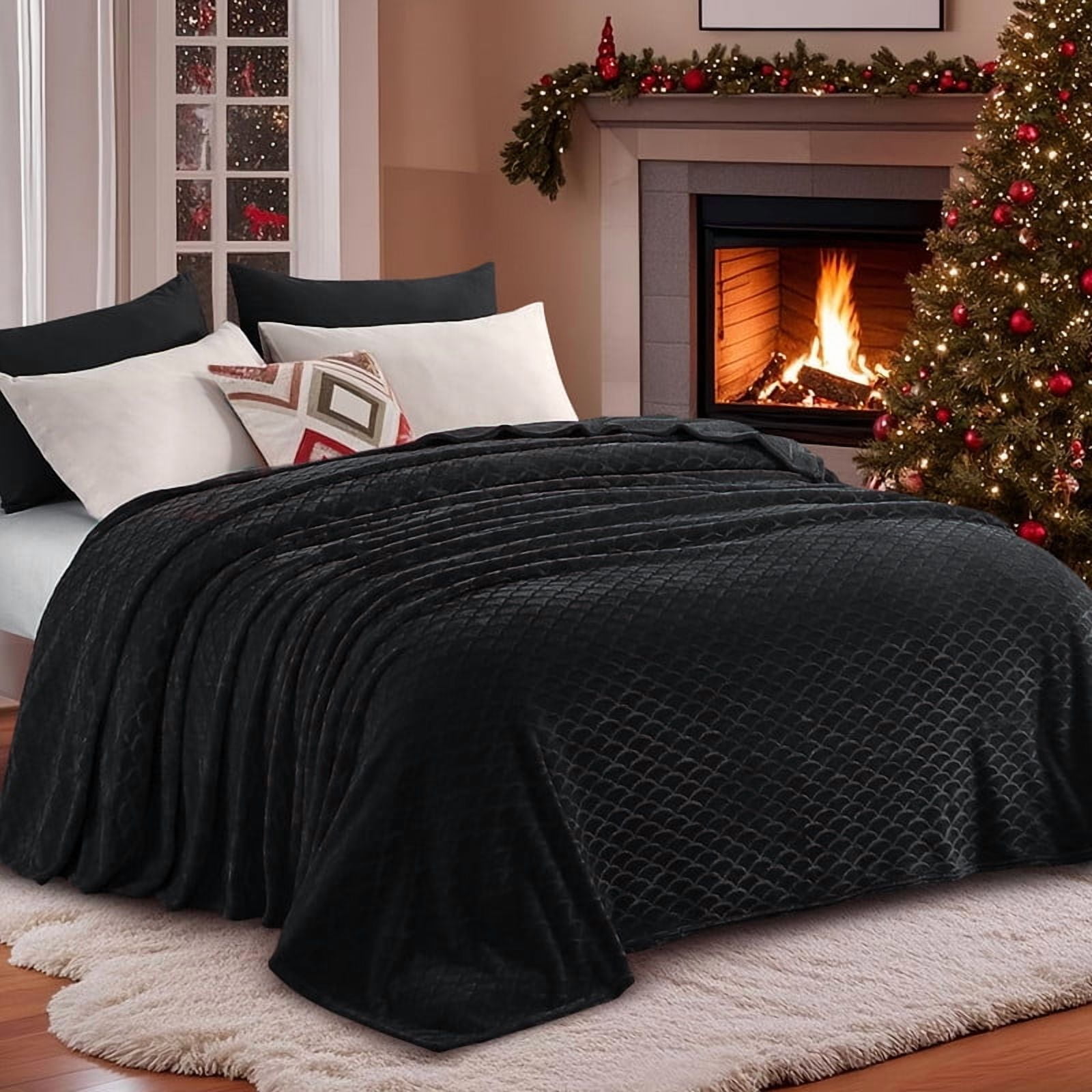 Aisbo Brushed Flannel Blanket Black King, Super Soft and Cozy Blankets All Season Use