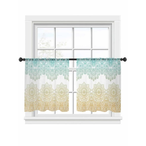 Teal Yellow Boho Sheer Curtains 54 Inch Length 2 Panels Set, Semi Transparent Voile Rod Pocket Curtains for Living Dining Room Bedroom Drapes Vintage Ethnic Tribe Abstract Art