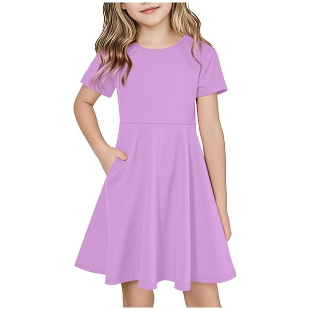 Tranfacy Robes Décontractées pour Filles, Robe à Manches Courtes pour Filles, Robe d'Été à Manches Courtes Décontractée et Ample avec Poches pour 4-14 Ans