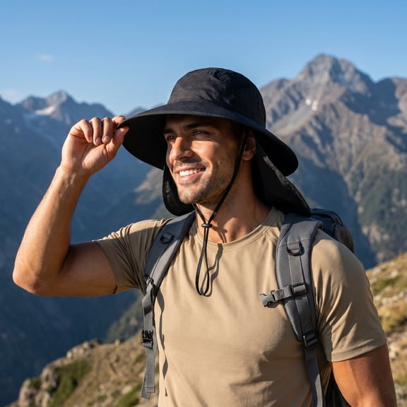 UPF 50  Sun Hat with Neck Flap, Wide Brim Fishing Bucket Hat, Breathable Mesh UV Protection Outdoor Safari Hiking Cap