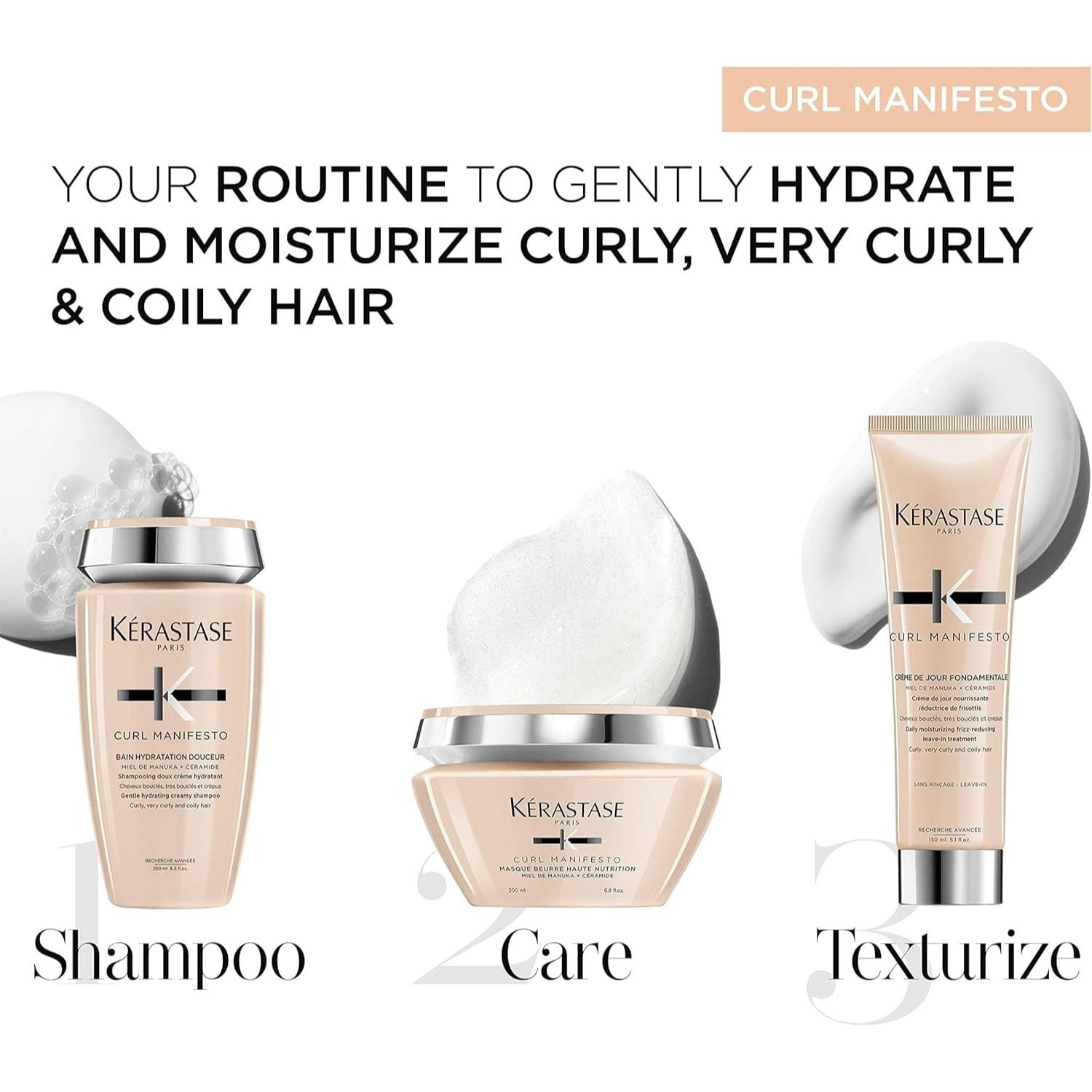 Kerastase Curl Manifesto Bain Hydration Douceur Shampoo 8.5 oz, Creme de Jour Fondamentale 5.1 oz & Beurre Haute Masque 6.8 oz Set