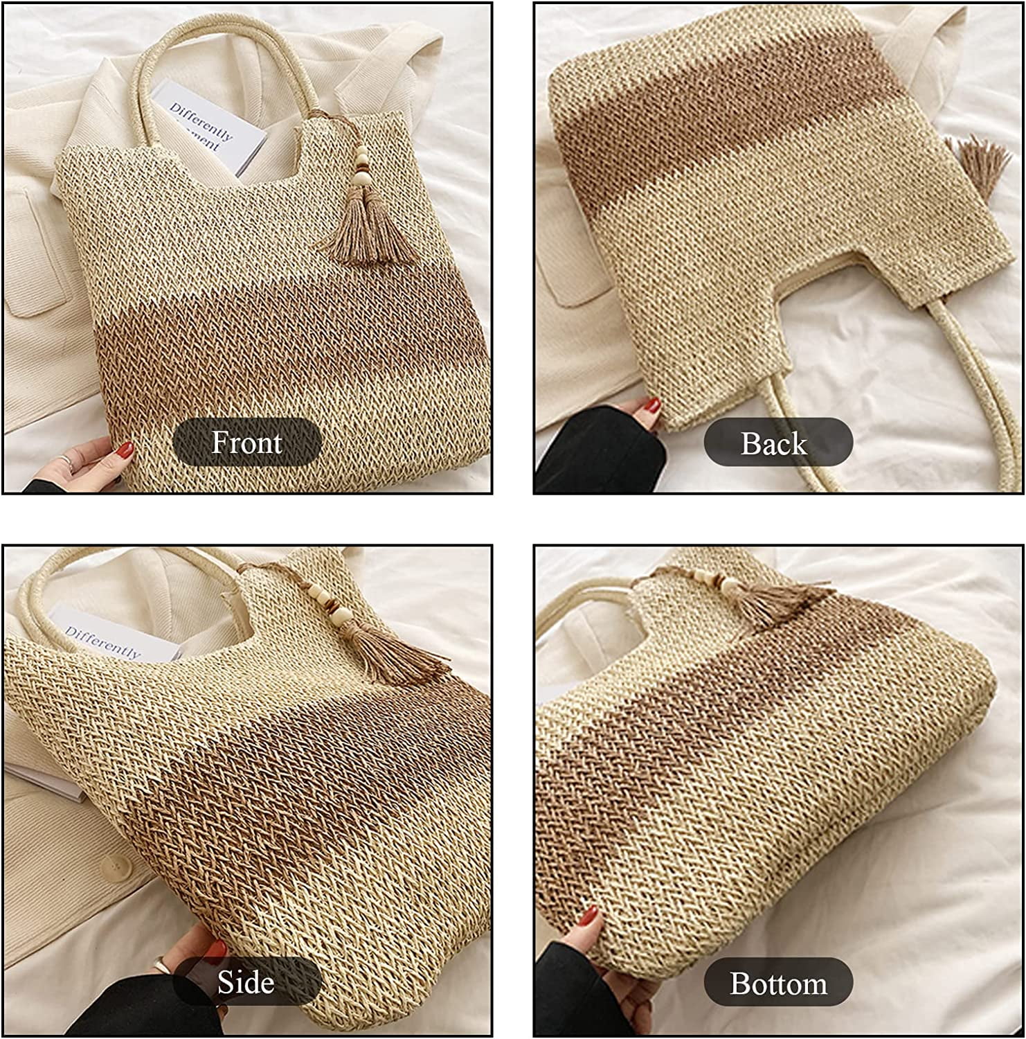 Kukuzhu Straw Beach Bag, Summer Woven Tote Bag with Tassels Large Shoulder Handbag Straw Purses and Handbags for Women