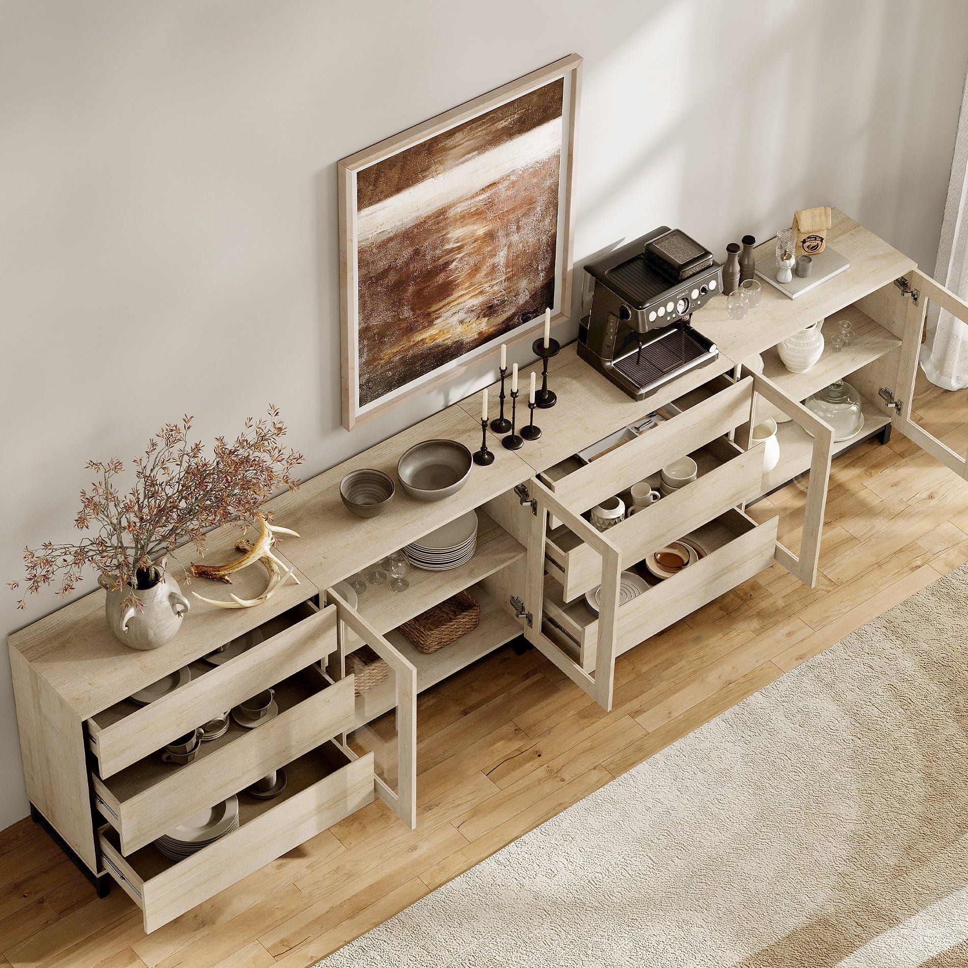 4 In 1 Modern Dresser with Glass Doors & 6 Drawers, Chest of Drawers with Adjustable Shelves, Multi-purpose Bedroom Closet Organizer Storage Cabinet,Beige