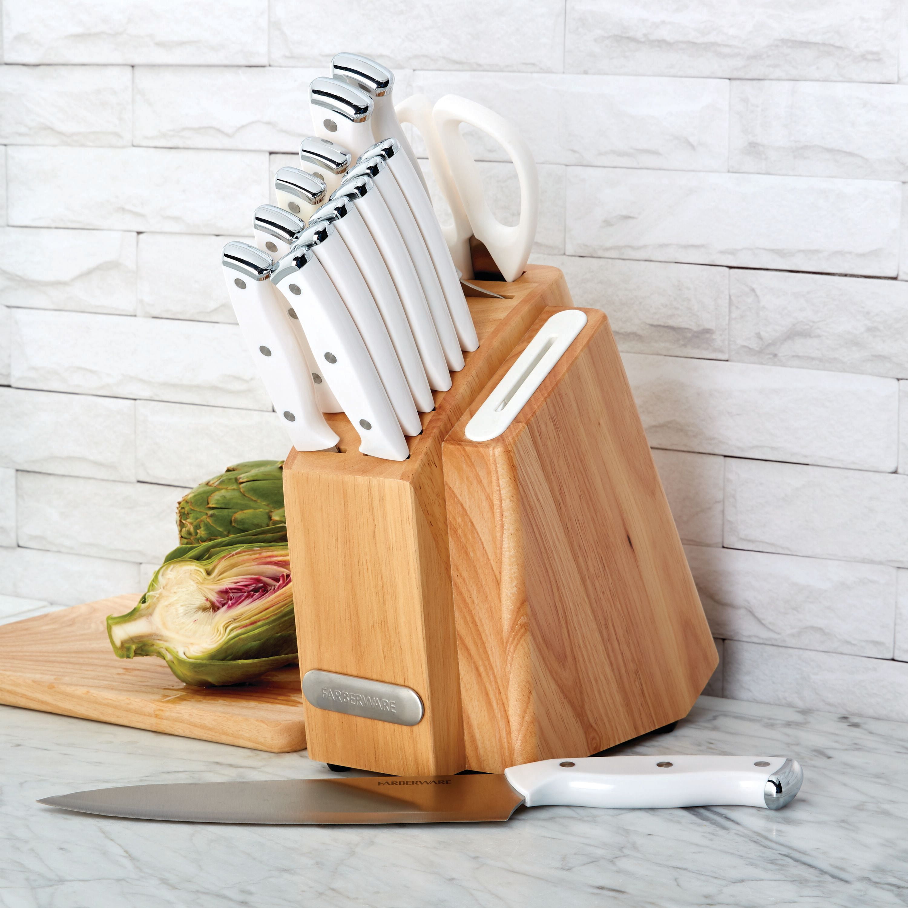 Farberware Edgekeeper Triple Riveted Slim Knife Block Set with Built in Sharpener 14-piece in White
