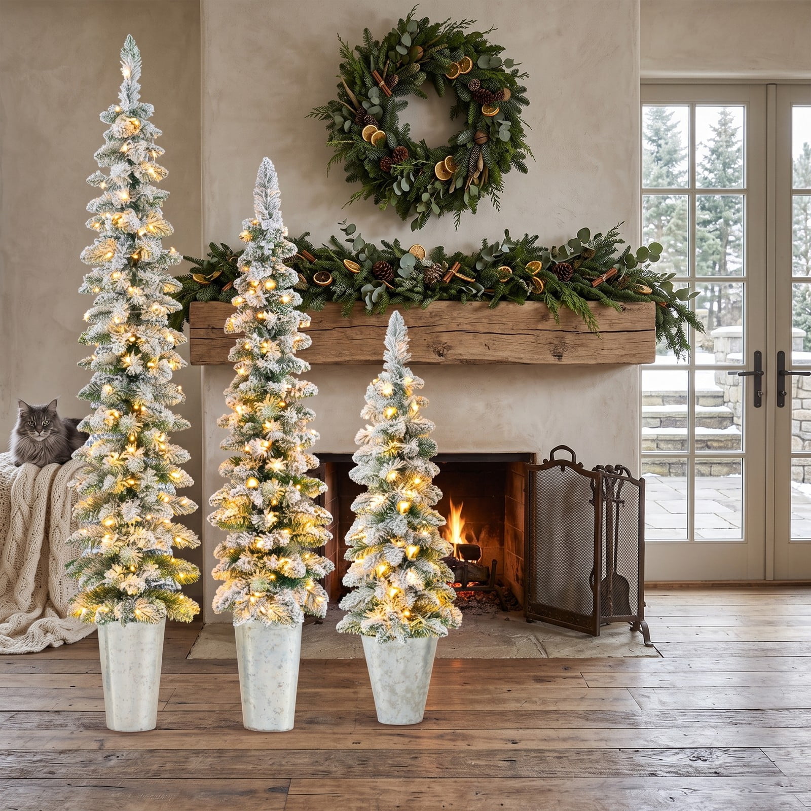 RUIE Set of 3 Pre-Lit Snow Flocked Artificial Christmas Trees, 423 Branch Tips, 230 Warm White LED Lights, PVC Xmas Tree with Metal Stand for Home, Green White Silver