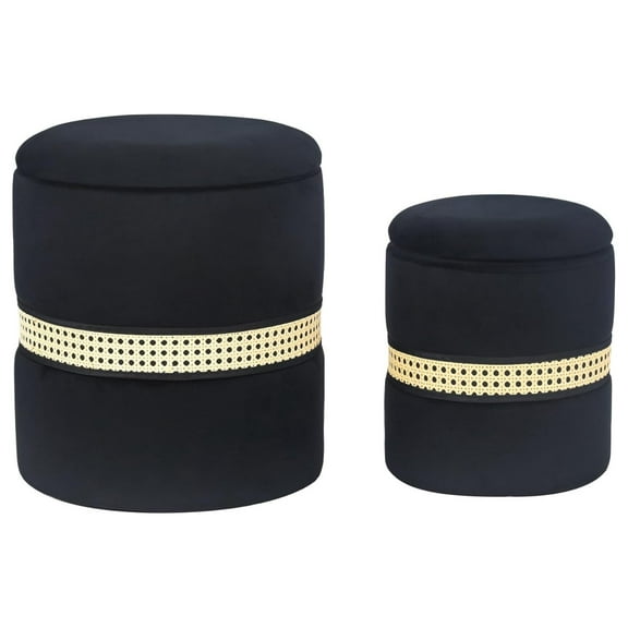 Round Storage Ottoman Set of 2 - Upholstered Footrest Stool Side Table Seat with Woven Band for Living Room Bedroom,Black