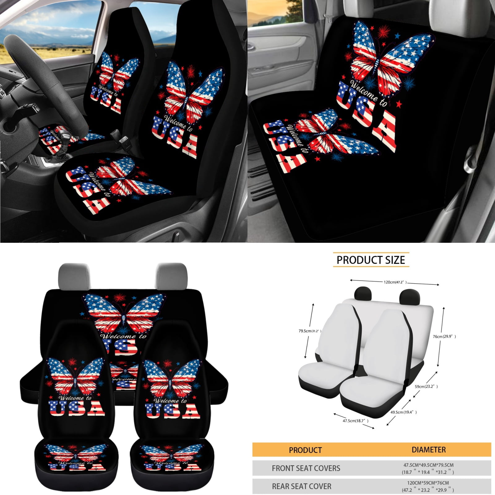 Yuyamidu Butterfly Car Seat Covers Full Set of 15 American Flag Steering Wheel Cover Seat Belt Covers Trash Box Air Vent Pouch Rear View Mirror Cover Auto Coasters Keychain Wristlet Strap