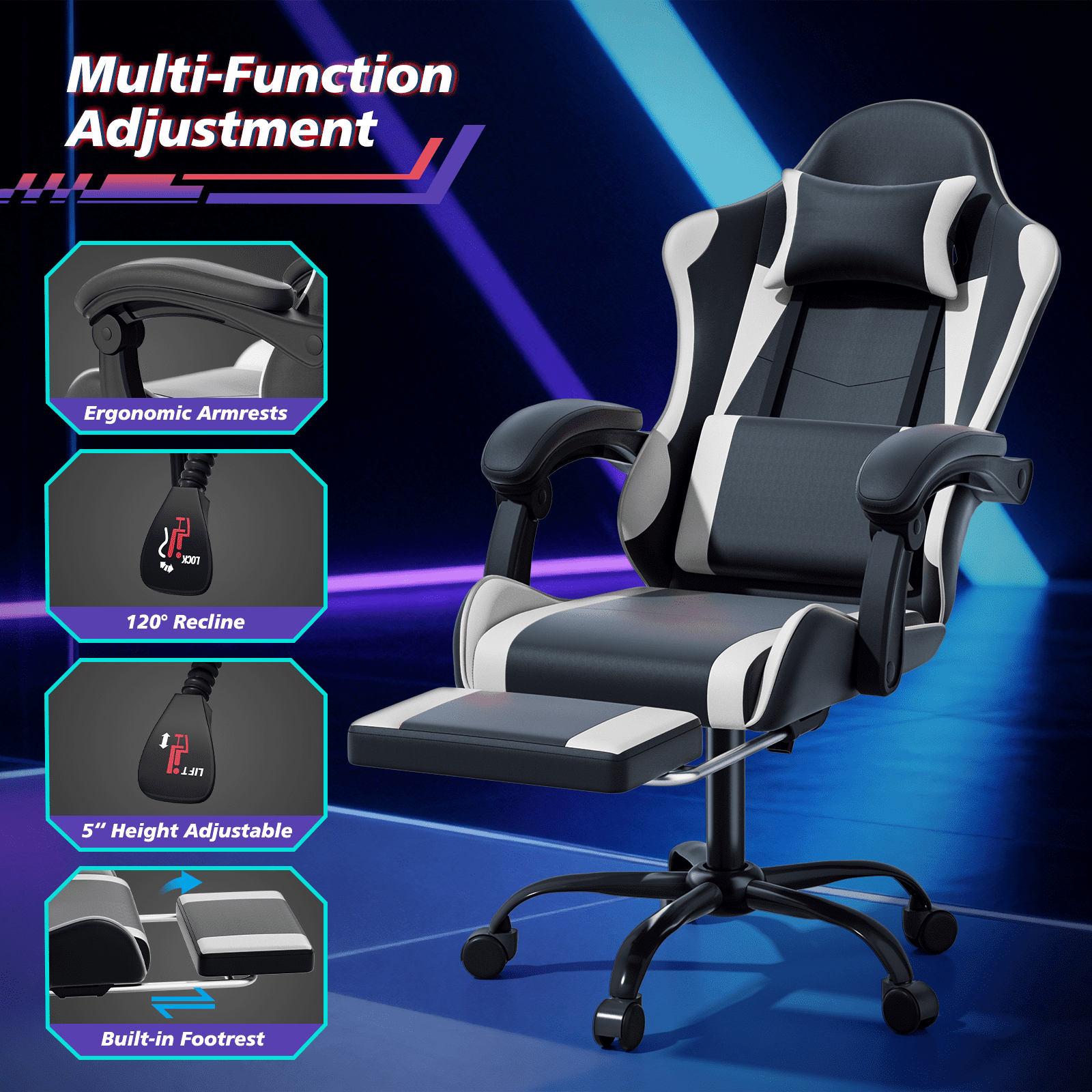 Magshion Ergonomic Gaming Chair with Headrest, Lumbar Support & Footrest - Adjustable Reclining Computer Chair for Adults, High Back Office Desk Chair, 350lbs Capacity， White