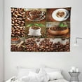 thumbnail image 1 of Brown Tapestry, Collage of Coffee Beans in Cups and Bags with Green Leaves on Wooden Table Photo, Wall Hanging for Bedroom Living Room Dorm Decor, 80W X 60L Inches, Brown Green, by Ambesonne, 1 of 2