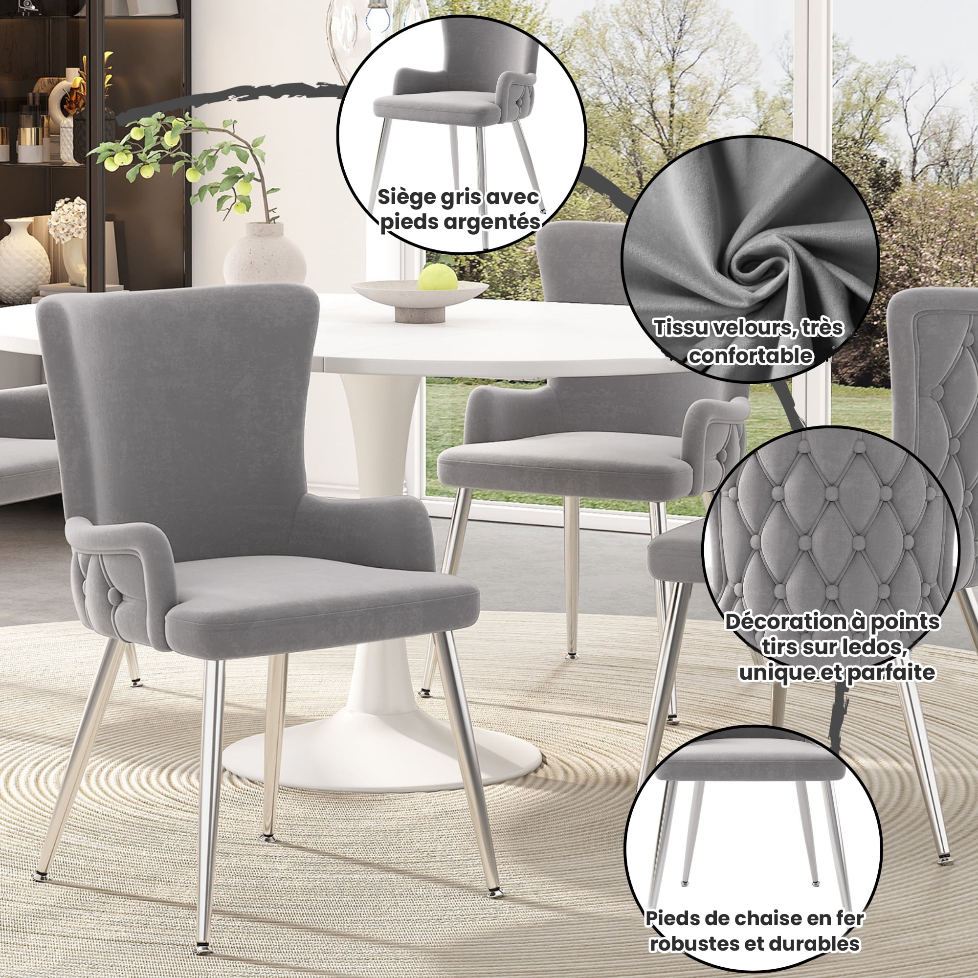 Noble House Set of 6, Velvet Dining Chairs, Light Luxury Tufted Chair with Four Gold Metal Legs,Gray