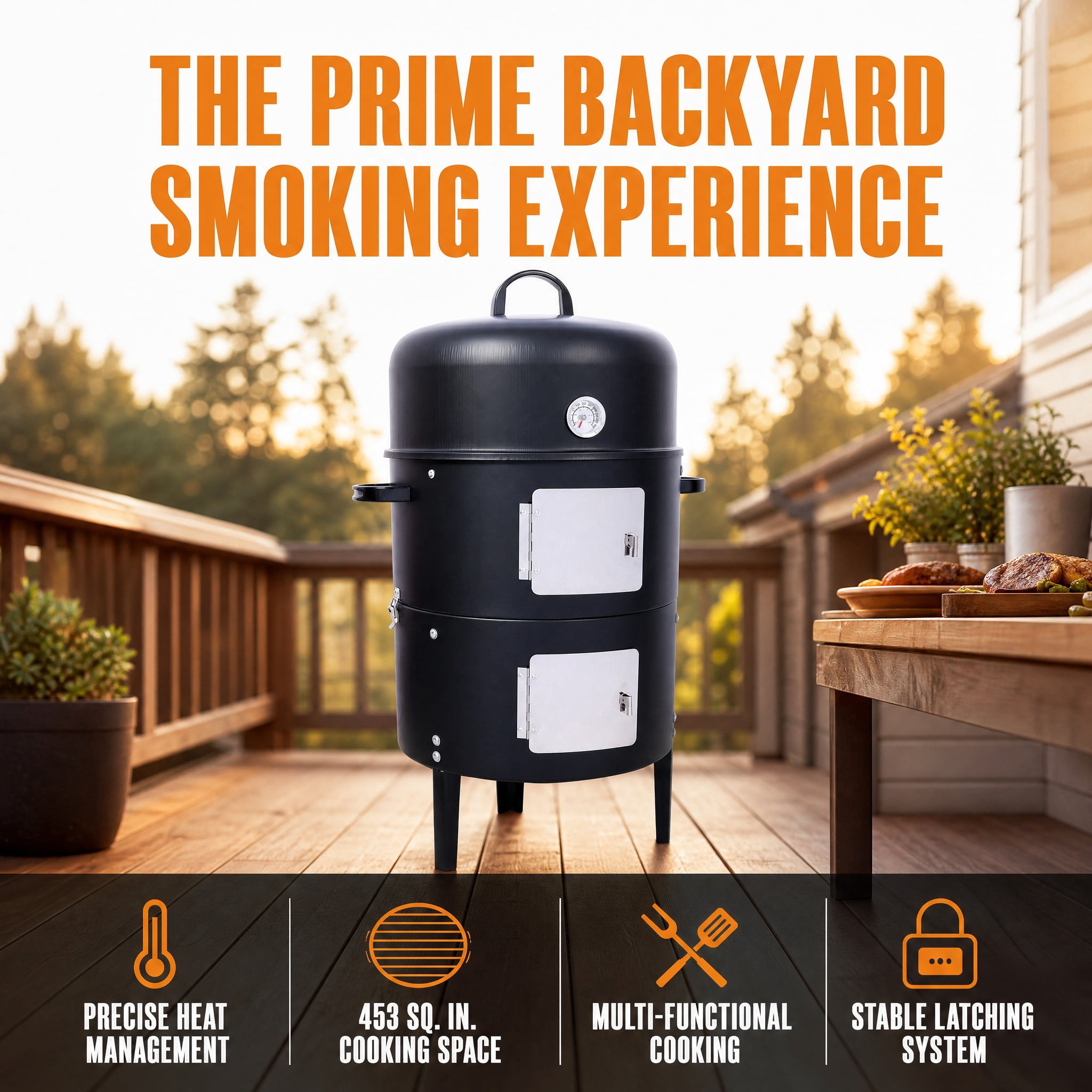 17 Inch Heavy Duty Round Charcoal Smoker BBQ Grill Outdoor Cooking Grill with Temperature Control Dual Doors Black