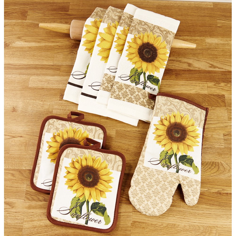 Kitchen Linen Sunflower Theme Set with Towels, Mitt, and Pot Holders