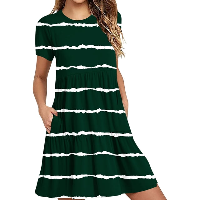 Hyknon Robes pour Femmes Mode Été Décontracté Manches Courtes Robe T-Shirt à Étages Mini Robes avec Poches Décontracté Doux Fluide Ample Robes