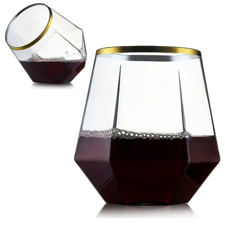 

32 Pack Diamond Stemless Plastic Wine Glasses 12 oz Unique Diamond Shape Clear Gold Rim Glasses for Wine Whiskey Cocktails Juice Trendy & Modern Stemware Food-Grade Disposable Drinkware