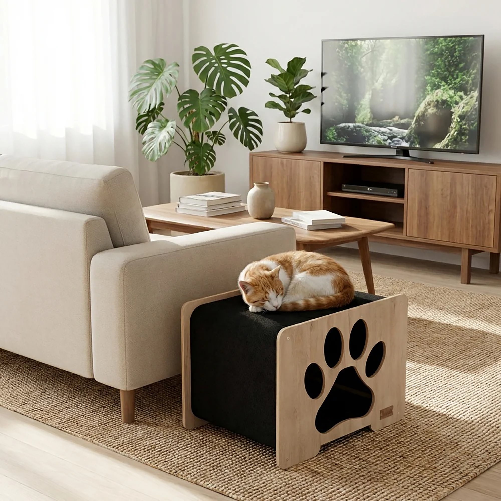 Noba: Origin Hut Hideout - Paw Print, Gray - Cat-Pet-Kitten House, 20 x 16" Wooden Lounge, Scratchable Carpet Sides, Animal Refuge, Climb-Play-Sleep