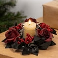 thumbnail image 6 of Artificial Rose Candle Ring Wreath, Faux Floral Candle Holder Garland, Black Red Berry Table Centerpiece, Seasonal Candle Ring Arrangement, Flower Decorative Ring, Floral Ornament for Pillar Candles, 6 of 6