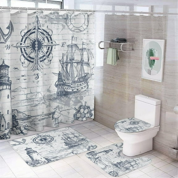 Vintage Nautical Pirate Ship 4 Pcs Waterproof Shower Curtain Set,Watercolor Coastal Lighthouse Anchor Compass Shell Starfish Shower Curtains with Shower Rugs Mat Toilet Cover-72 W X 72" L