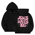 thumbnail image 3 of XADYUY Jesus Loves You Hoodie for Kids Girls Letter Print Christian Long Sleeve Sweatshirts Toddler Oversized Pullover Tops Casual Cute Fleece Sweaters with Pockets,Black, 3 of 5