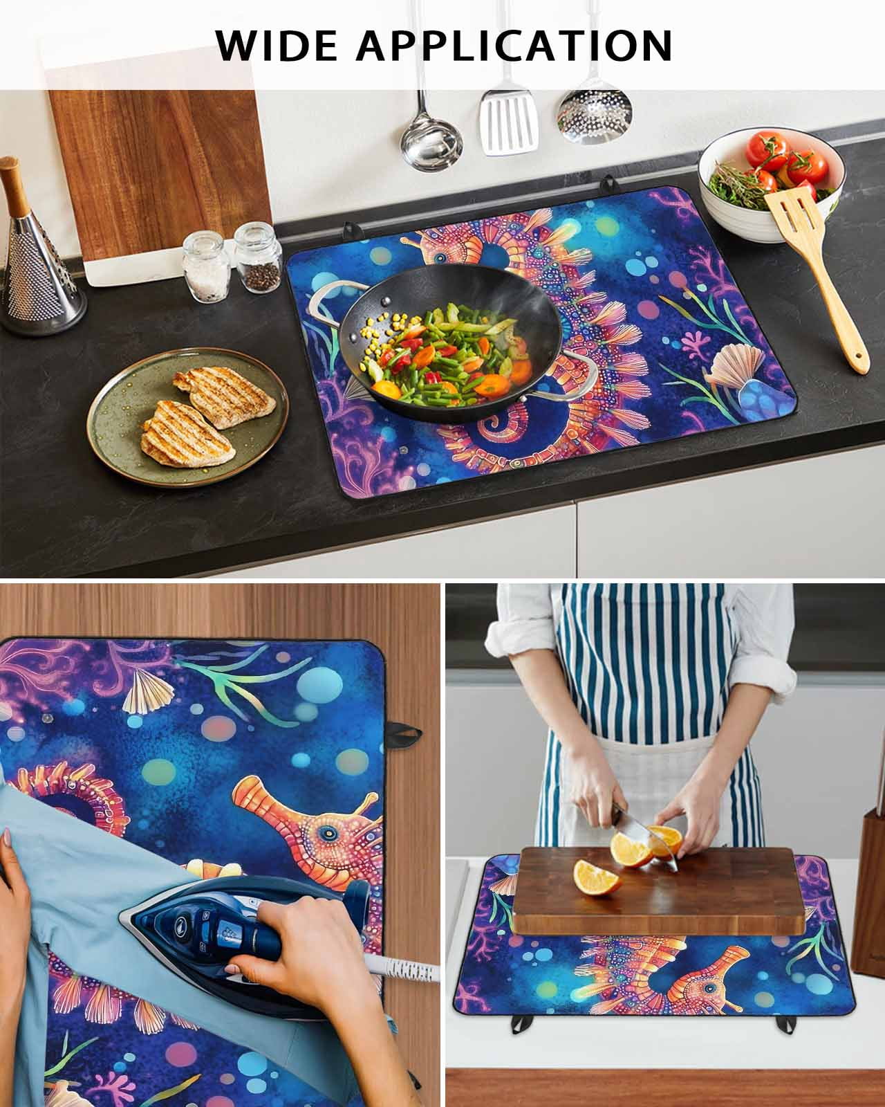 nqOlkjepod Large Induction Cooktop Protector Mat 24"x21", Coastal Seahorse Stove Top Covers for Electric Stove, Summer Watercolor Ocean Coral Stove Burner Cover Mats, Glass Top Stove Cover