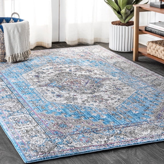 JONATHAN Y 5 x 8 Area Rug, Kesan Vintage Medallion - Turquoise/Gray, RES106A-5