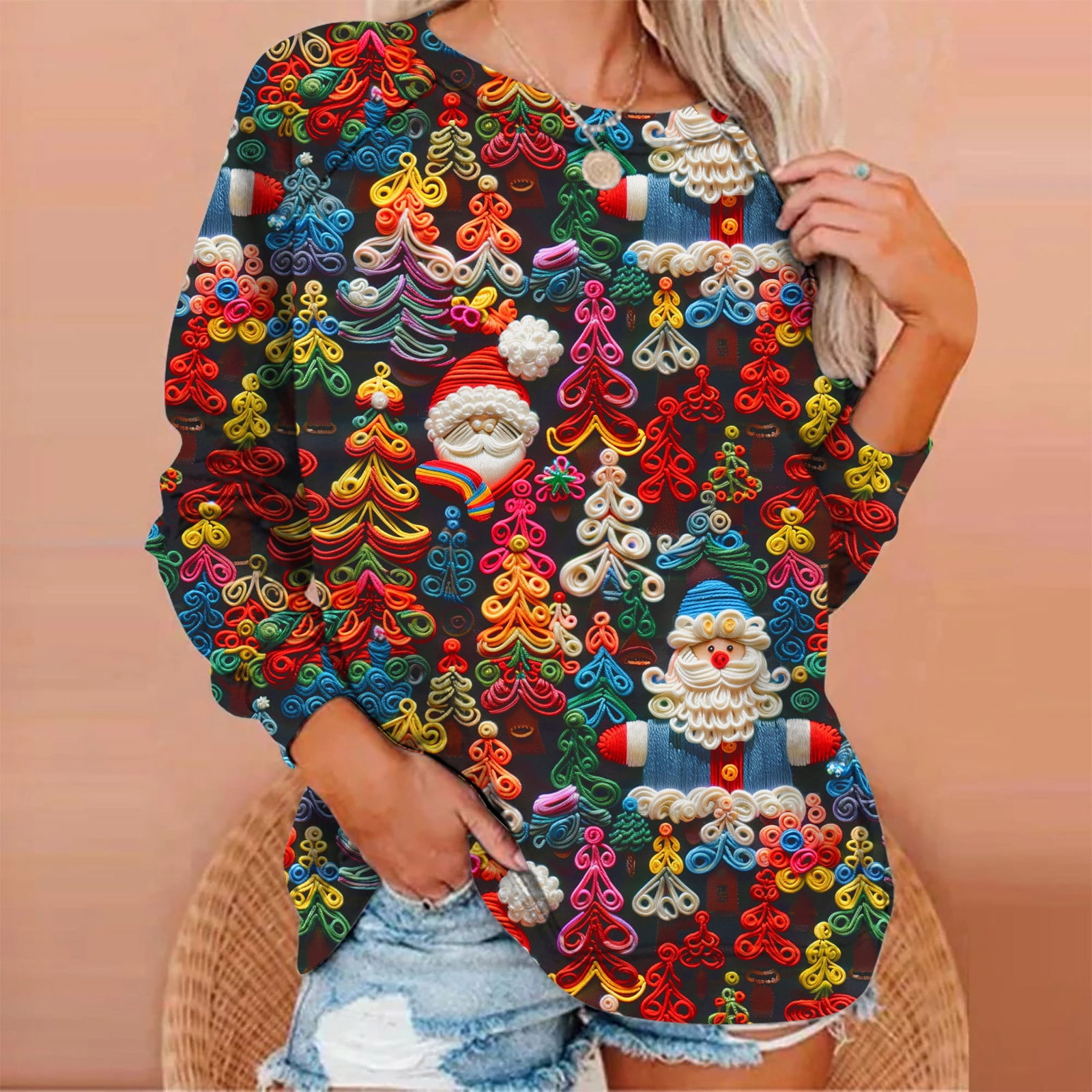 Women's Christmas 3D Graphic Sweatshirts Long Sleeve Crewneck Casual Loose Soft Comfy Holiday Pullover Shirts Tops