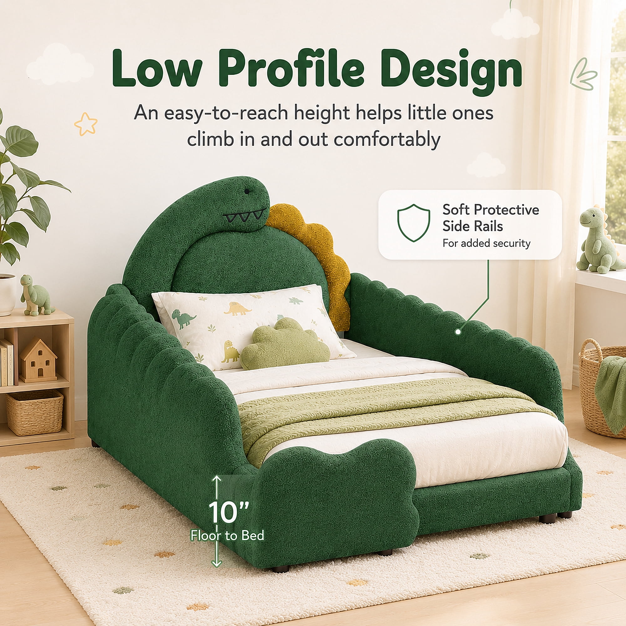 Miniyam Kids Twin Bed Frame, Boucle Upholstered Dinosaur Bed with Guardrails, Wood Slats, Green