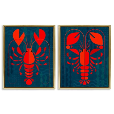 Stupell Industries Bold Red Lobsters Nautical & Beach Painting Gold Floater Framed Canvas Art Print Wall Art, 17 x 21, Set of 2