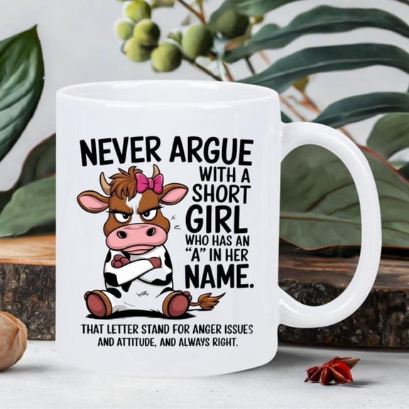 Funny Cow Never Argue with a Short Insulated Ceramic Mug Cute Scottish Cow Design with Female Cow Pink Bow Durable White Coffee Cup Girls with Attitude Name Idea Hand Wash Only Gift