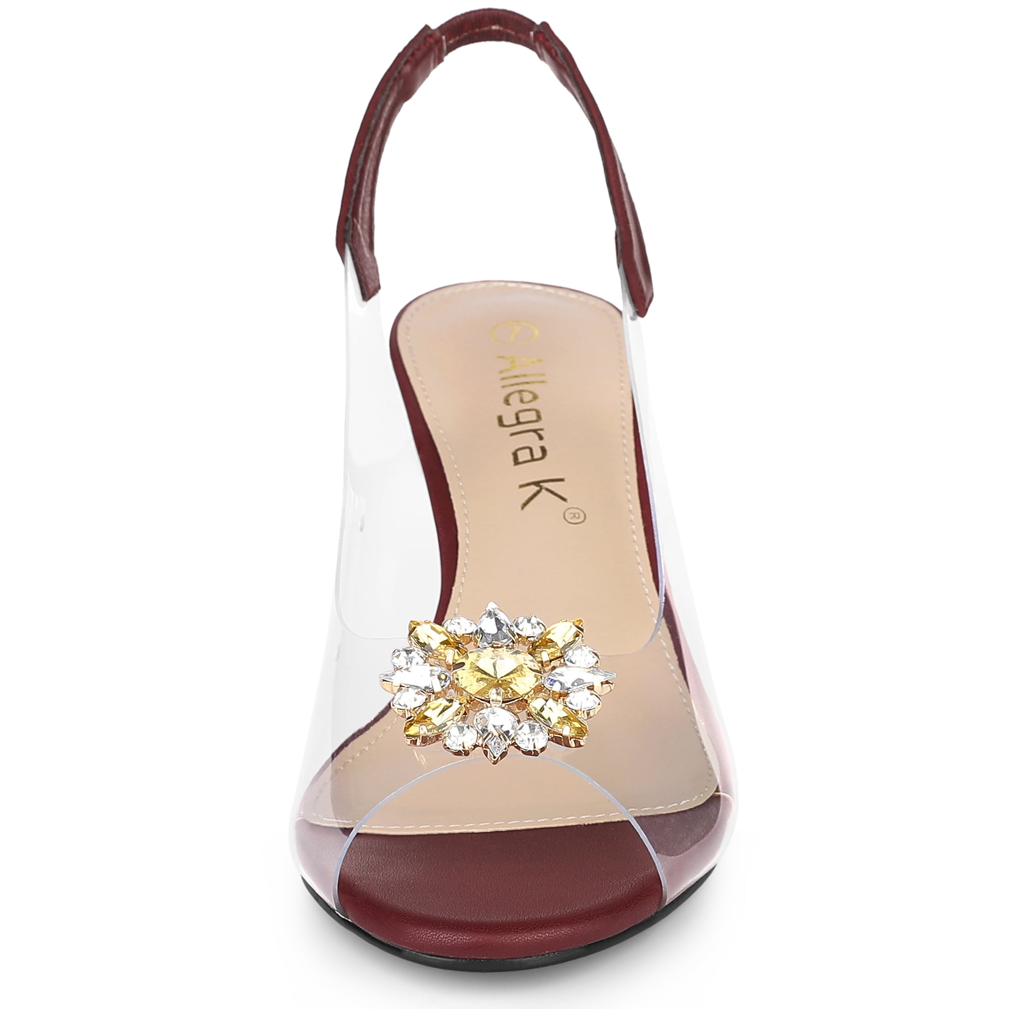 DARING DIVA Women's Clear Slingback Wedges Rhinestone Peep Toe Heels Burgundy 8